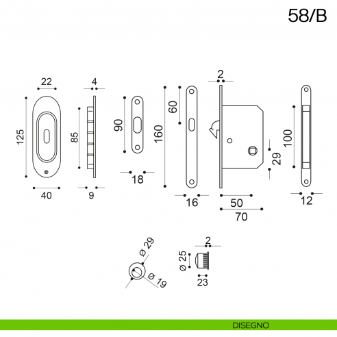 Maniglia incasso ovale foro chiave con trascinatore e serratura con chiave pieghevole Manital art.58/B disegno