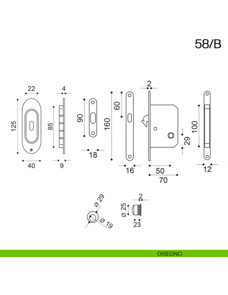 Maniglia incasso ovale foro chiave con trascinatore e serratura con chiave pieghevole Manital art.58/B disegno