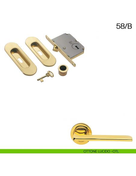 Maniglia incasso ovale foro chiave con trascinatore e serratura con chiave pieghevole Manital art.58/B ottone lucido