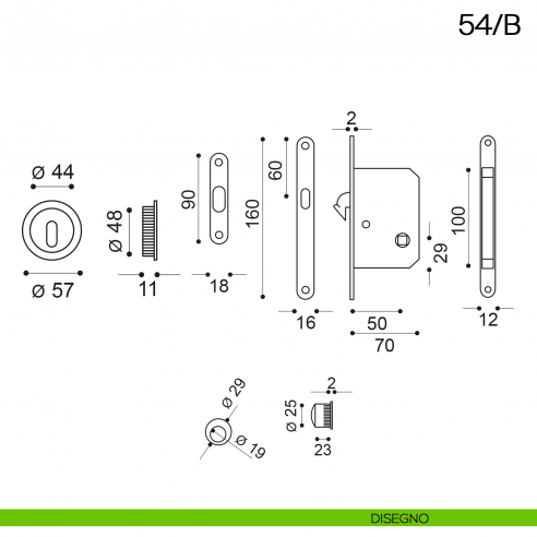 Maniglia incasso tonda foro chiave con trascinatore e serratura con chiave pieghevole Manital art.54/B disegno