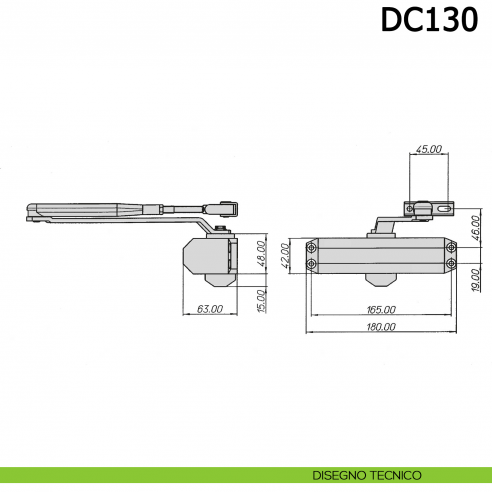 Chiudiporta aereo Meroni DC130 a forza variabile EN 3-4 braccio con fermo - disegno tecnico