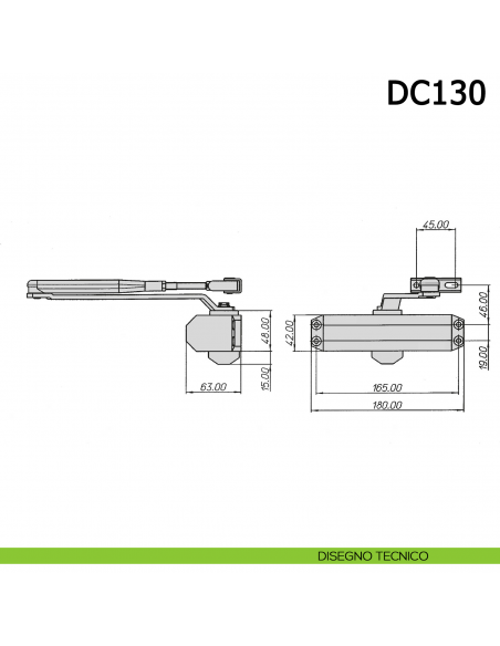Chiudiporta aereo Meroni DC130 a forza variabile EN 3-4 braccio con fermo - disegno tecnico