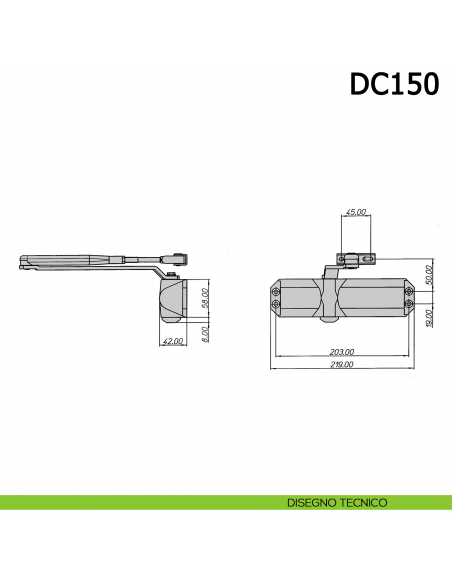 Chiudiporta aereo Meroni DC150 a forza variabile EN 2-3-4 braccio con fermo - disegno tecnico