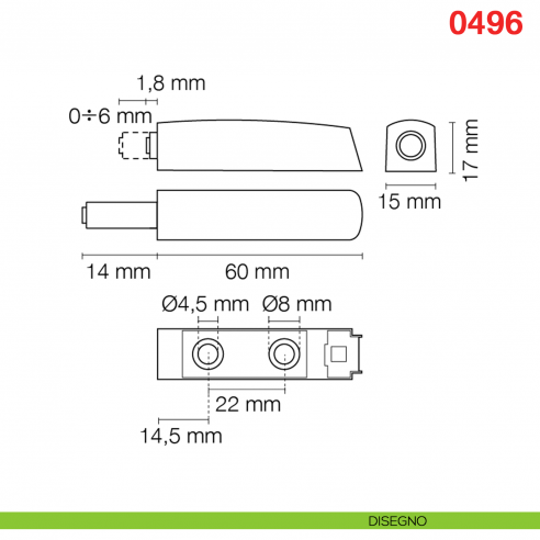 Cricchetto a scatto regolabile M-PUSH con magnete corsa mm.14 Maco 0496 - disegno