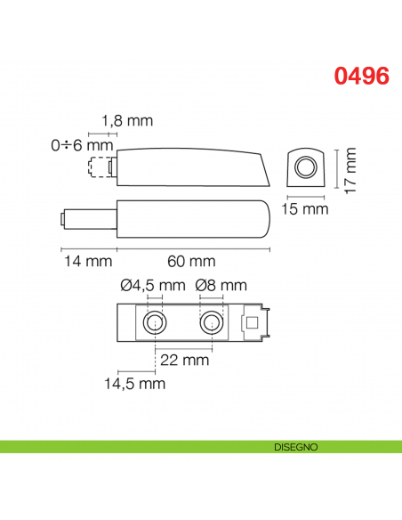 Cricchetto a scatto regolabile M-PUSH con magnete corsa mm.14 Maco 0496 - disegno